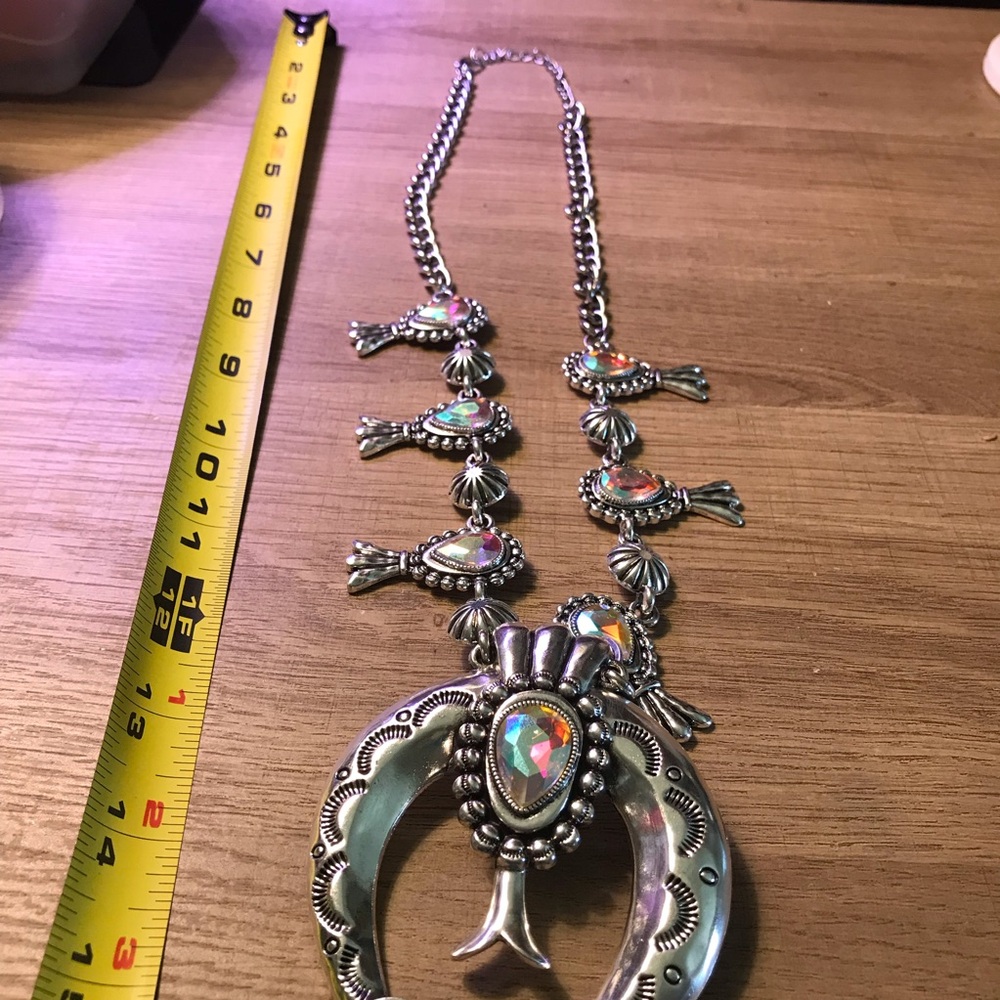 Bohemian Western Cowboy Horseshoe Squash Blossom Silver Rhinestone Necklace - Picture 15 of 16